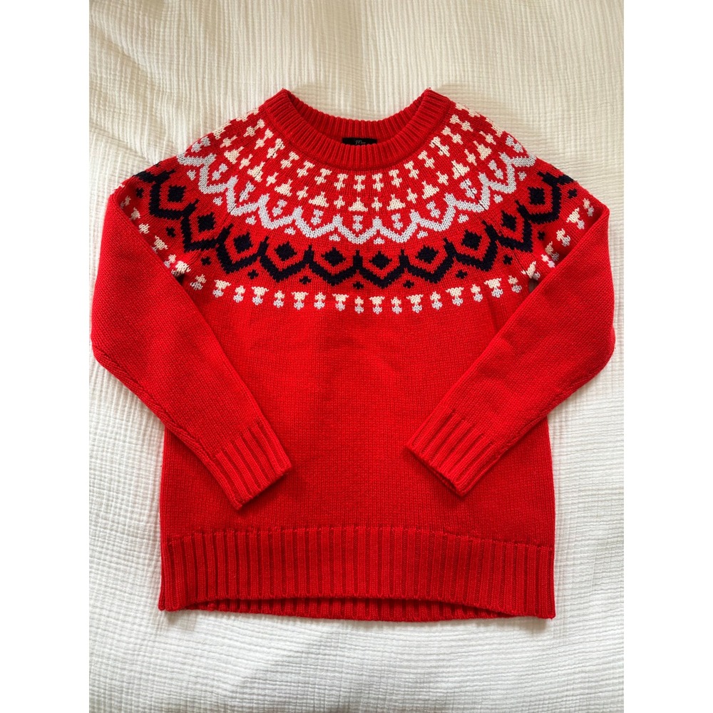 Vintage J.Crew Fair Isle Sweater Red Merino Wool Knit Medium Holiday Winter Ski